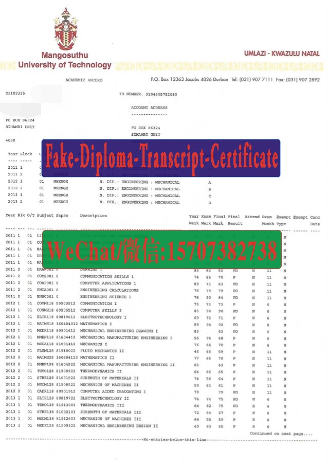 Fake Mangosuthu University of Technology Diploma Transcript