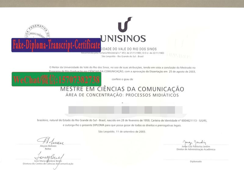 Fake Universidade do Vale do Rio Dos Sinos Diploma Transcript