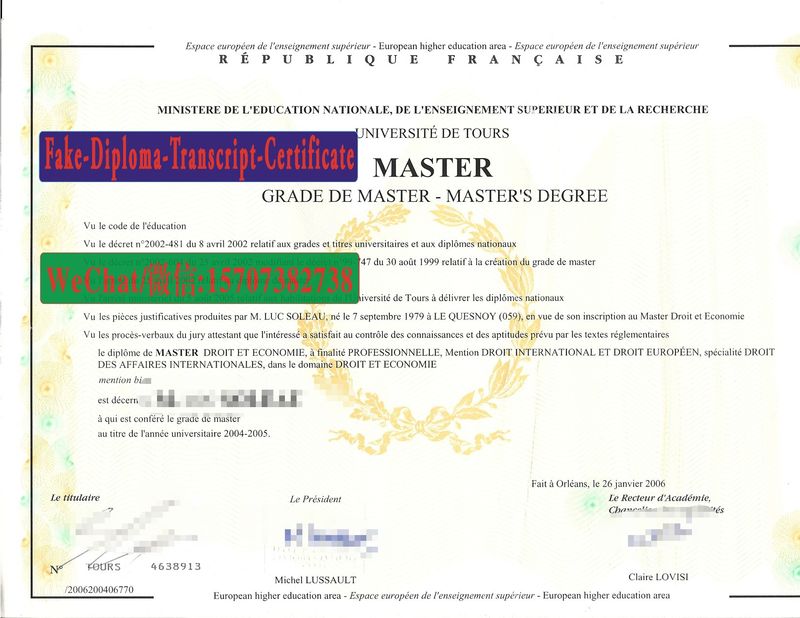 Replica Fake UNIVERSITE DE TOURS Diploma