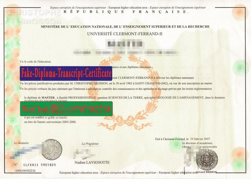 Replica Fake Université Blaise Pascal Clermont Ferrand II Diploma