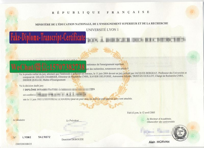 Replica Fake Université Claude Bernard Lyon 1 Diploma