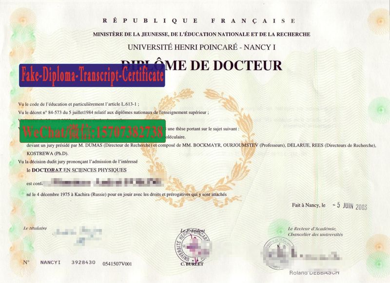 Replica Fake Université Henri Poincaré Nancy 1 Diploma