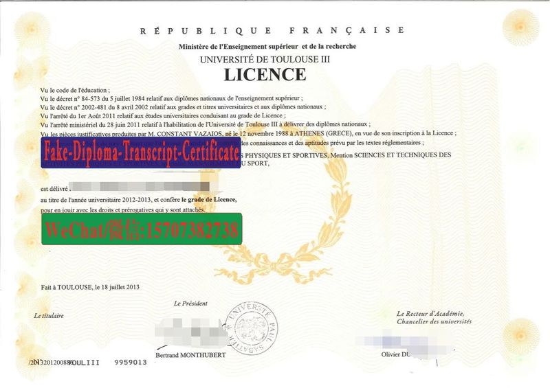 Replica Fake Université Toulouse III Diploma