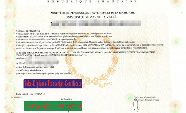 Replica Fake Université de Marne La Vallée Diploma