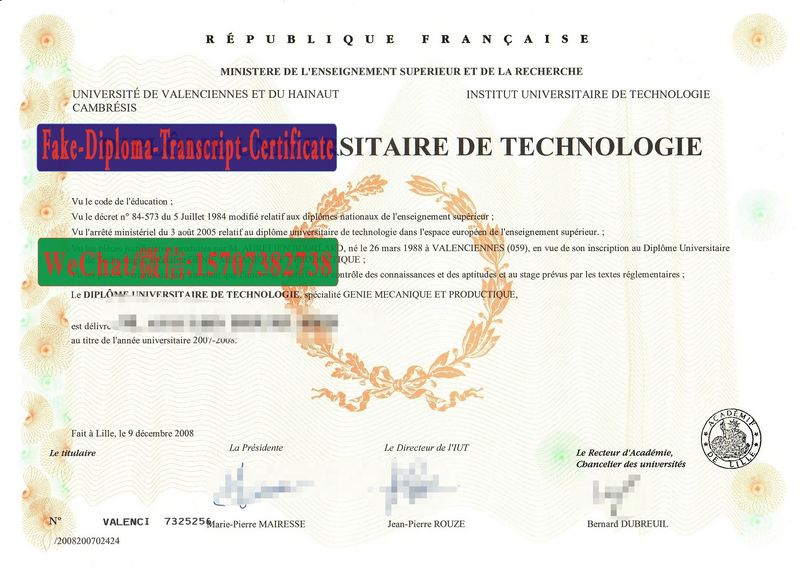 Replica Fake Université de Valenciennes et du Hainaut Cambrésis Diploma