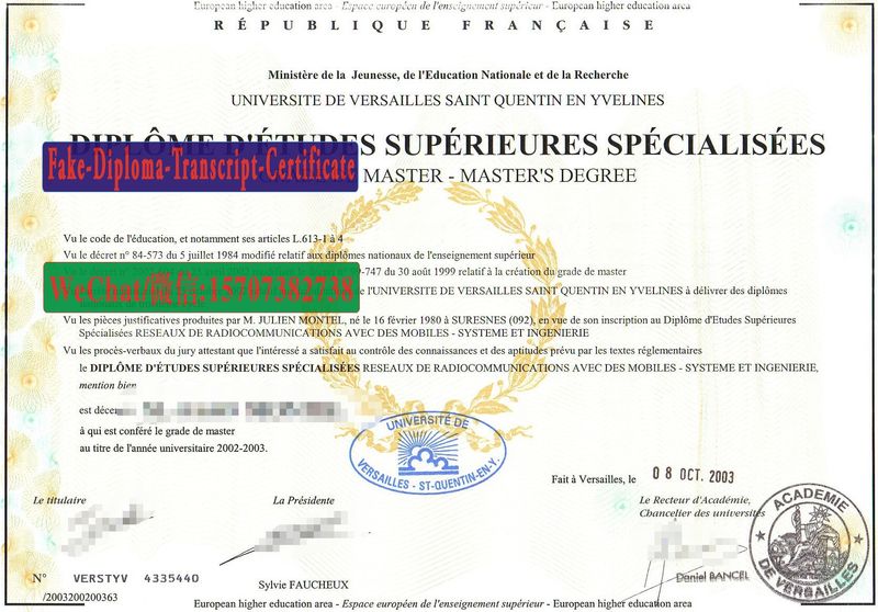 Replica Fake Université de Versailles Saint Quentin En Yvelines Diploma