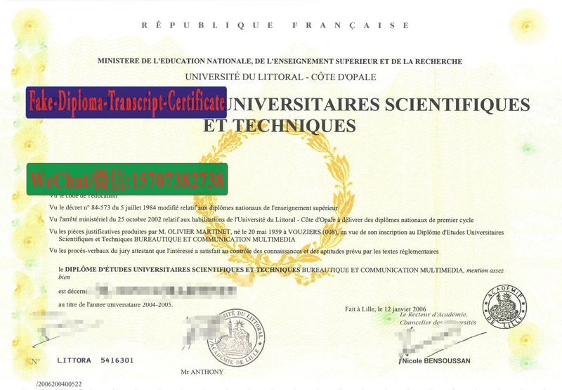 Replica Fake Université du Littoral Cote dOpale Diploma