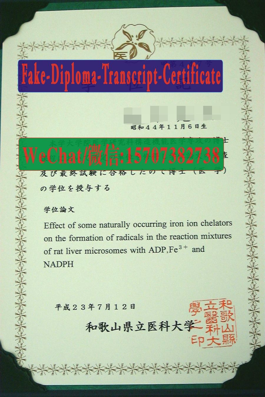 Wakayama Medical University Diploma Certificate